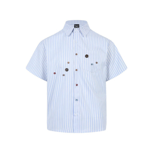 Vertical striped button decoration short sleeved shirt for men