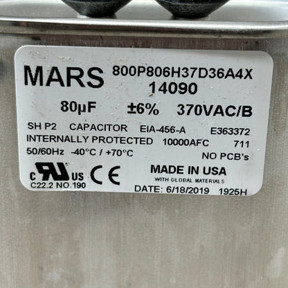 MARS Motor Run Capacitor 80MFD Oval 370 VAC Single Capacitance Made in USA 14090
