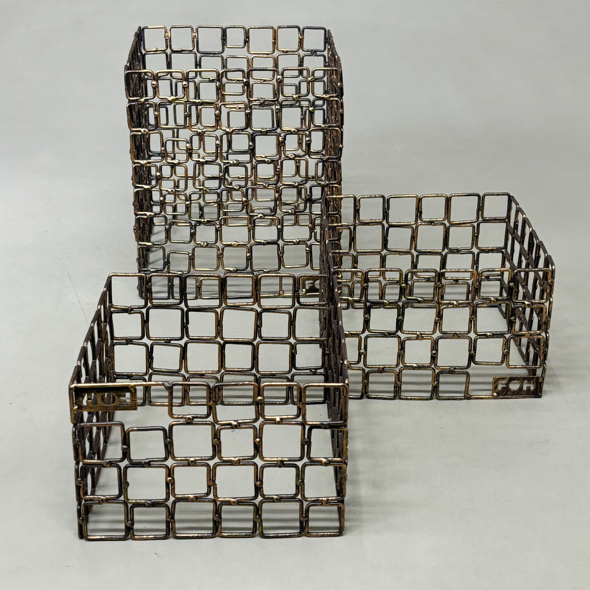 FOH Coppered Link Hand-Painted Fused Iron Square Riser 3 Piece Set BRI002GOI20