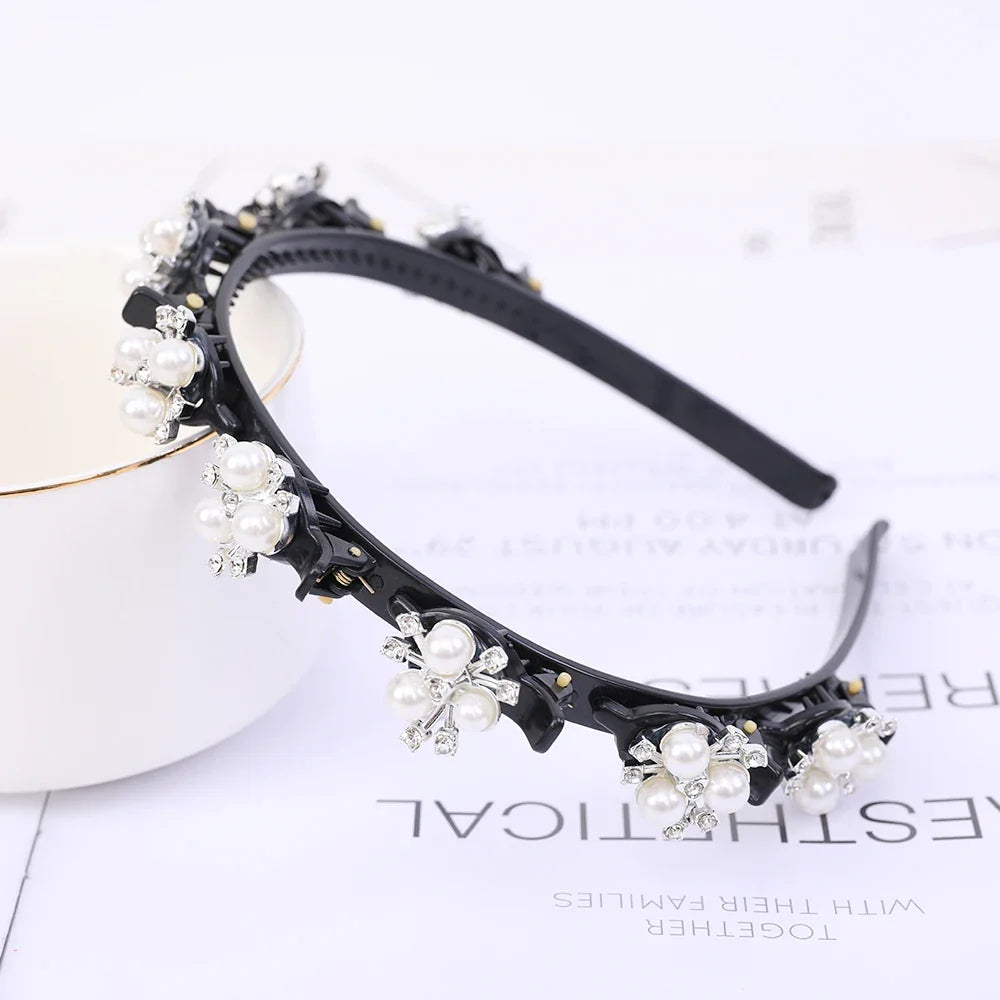 Double Layer Braided Pearl Headband for Women