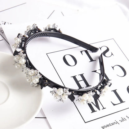Double Layer Braided Pearl Headband for Women