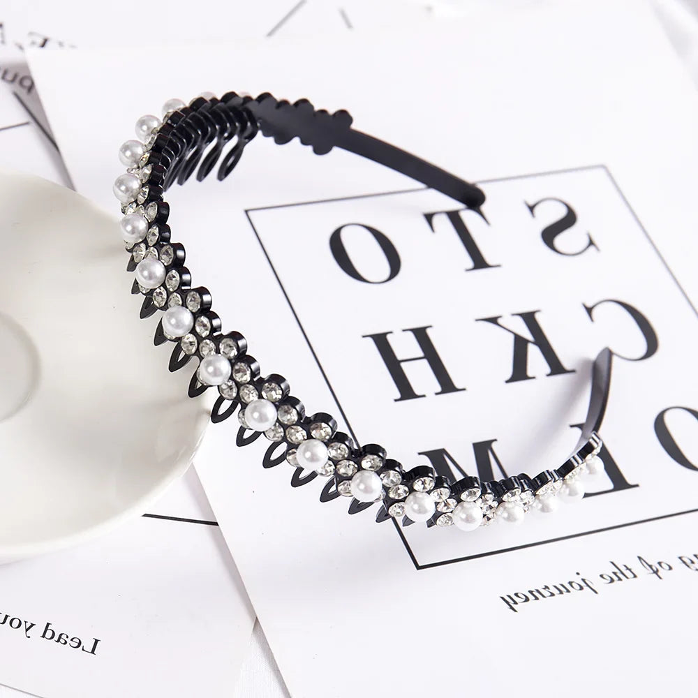 Double Layer Braided Pearl Headband for Women