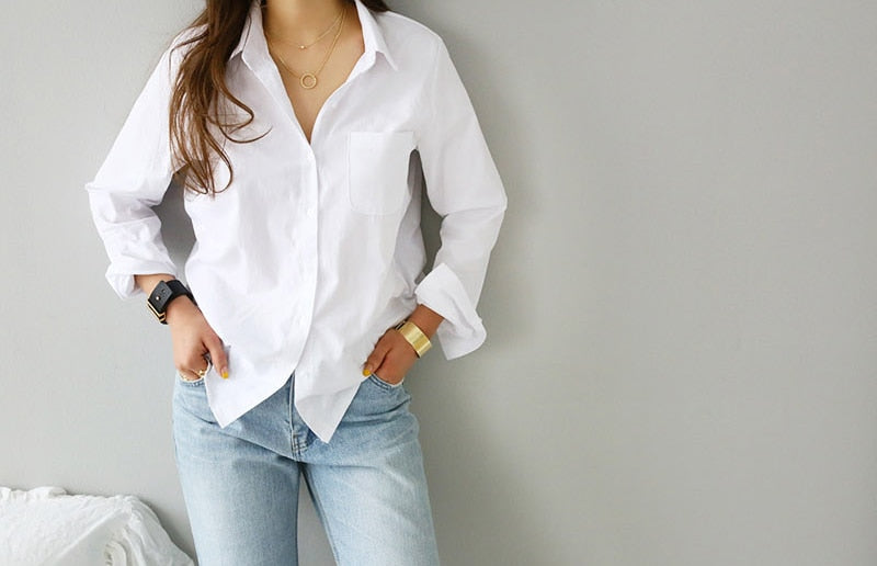 S-3XL Spring One Pocket Women White Blouse Female Shirt Tops Long Sleeve