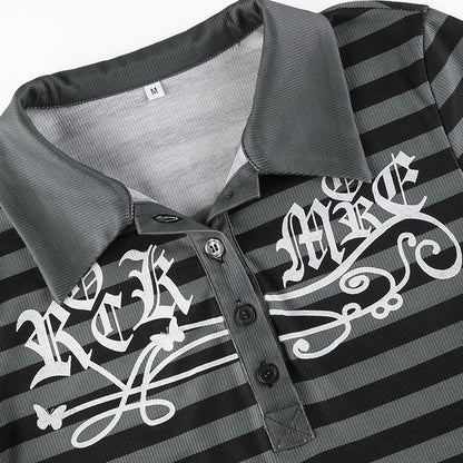 Goth Print Tops Stripe Cute T-Shirts Dark Academia Techwear Button Up V Neck Half Sleeve Sweat Shirts
