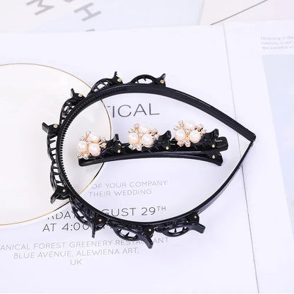 Double Layer Braided Pearl Headband for Women