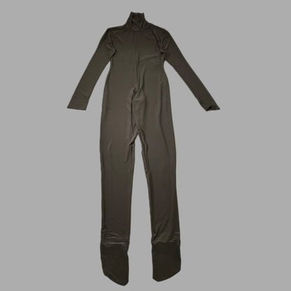 NORMA KAMALI Slim Fit Turtleneck Catsuit w/ Footsie Women's Sz L/40 Chocolate