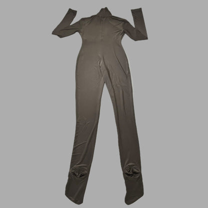 NORMA KAMALI Slim Fit Turtleneck Catsuit w/ Footsie Women's Sz S/36 Chocolate