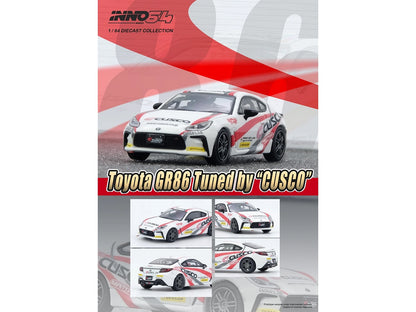 Toyota GR86 Tuned by "CUSCO" RHD (Right Hand Drive) White with Red and Gray Stripes 1/64 Diecast Model Car by Inno Models