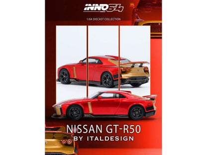 Nissan GT-R50 By ItalDesign Red Metallic with Gold Accents 1/64 Diecast Model Car by Inno Models