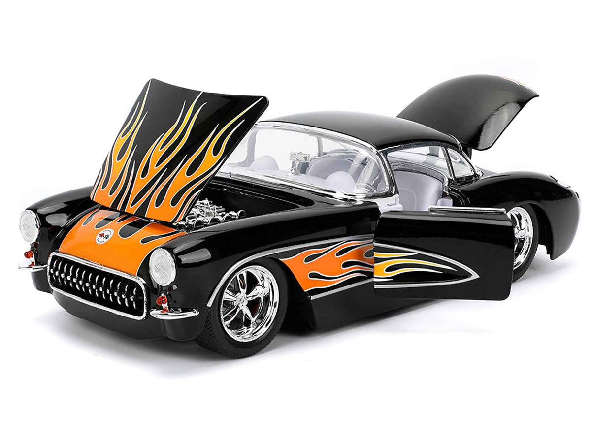 1957 Chevrolet Corvette Black with Flame Graphics and White Interior "Bigtime Muscle" Series 1/24 Diecast Model Car by Jada
