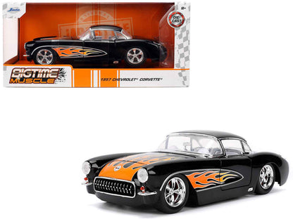 1957 Chevrolet Corvette Black with Flame Graphics and White Interior "Bigtime Muscle" Series 1/24 Diecast Model Car by Jada