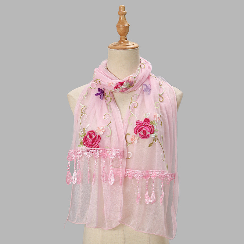 Double-layer Embroidery Flower Scarf Female Tassel