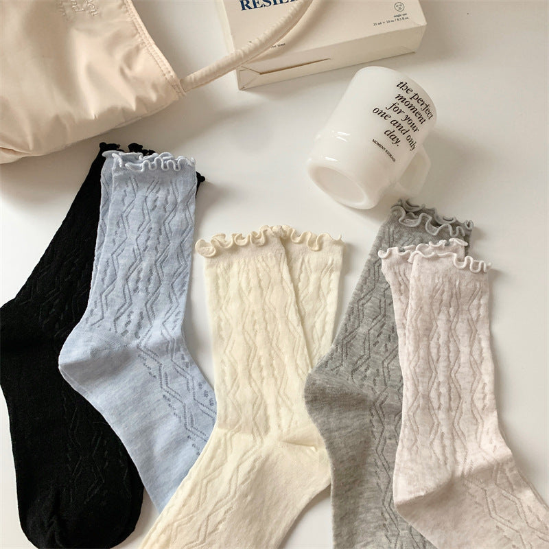 Mesh Hollow Wooden Ear Mid-Calf Socks