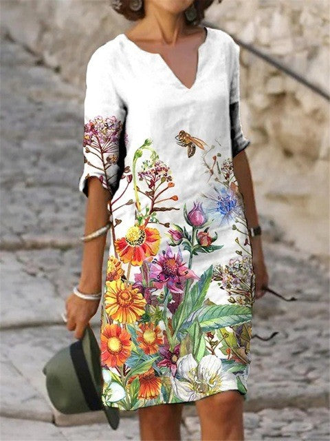Women's Printed Loose Bamboo Fiber Linen Floral Short Sleeves