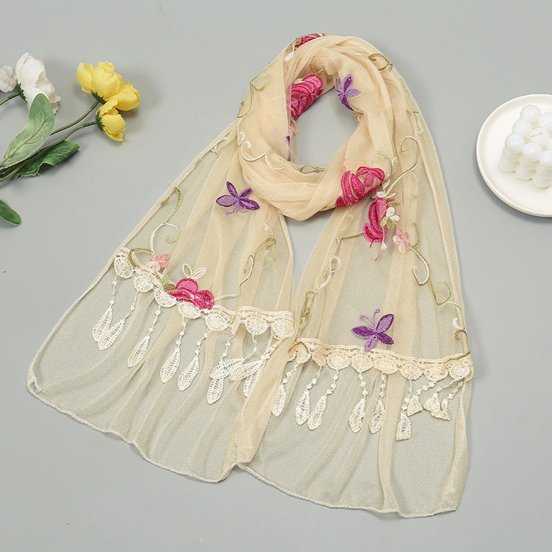 Double-layer Embroidery Flower Scarf Female Tassel