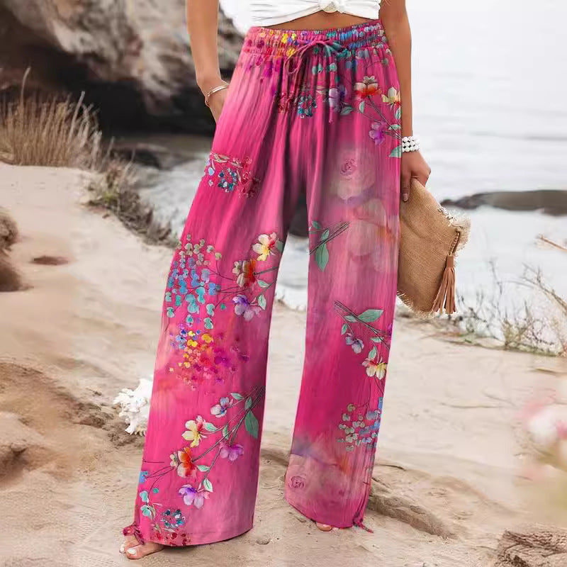 Fashionable Floral Art Printed Elastic Waist Drawstring Pocket Trousers