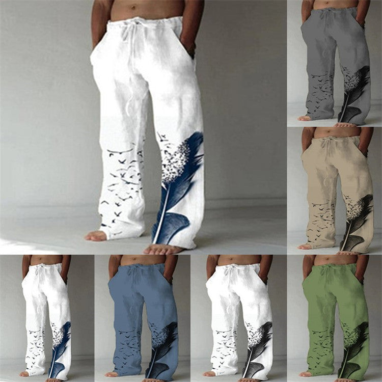 Men's Cotton Linen Printed Drawstring Trousers