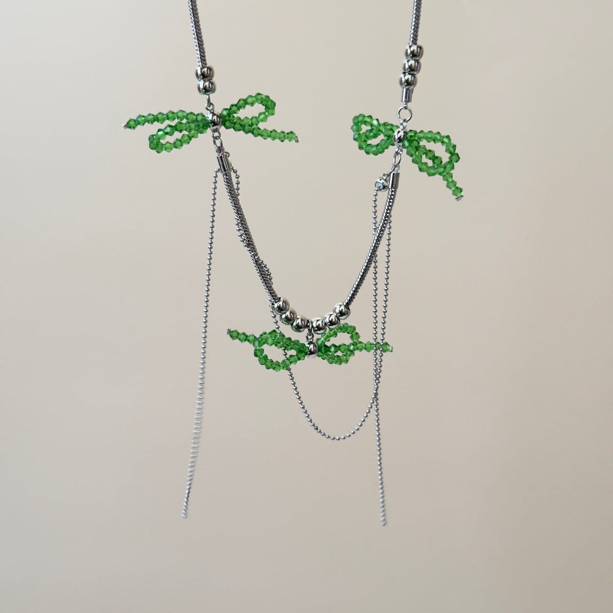 Green Colored Glaze Bow Multi-layer Tassel Necklace