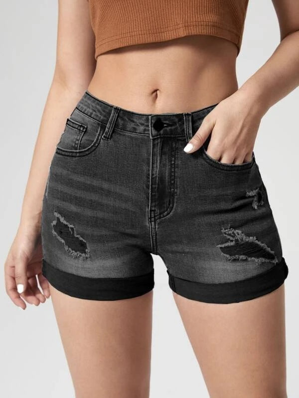Holes Curling High Waist Denim Shorts
