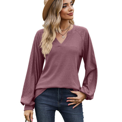 Solid Color V-neck Patchwork Loose Long Sleeve T-shirt