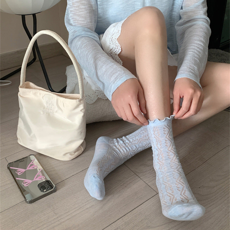 Mesh Hollow Wooden Ear Mid-Calf Socks
