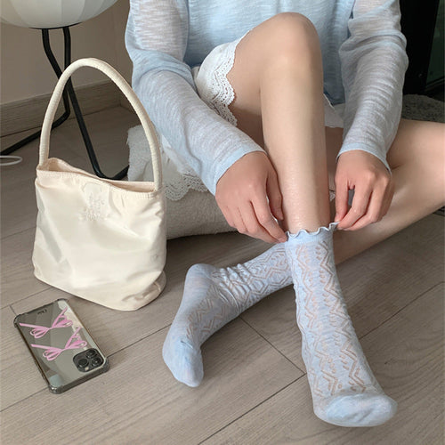 Mesh Hollow Wooden Ear Mid-Calf Socks