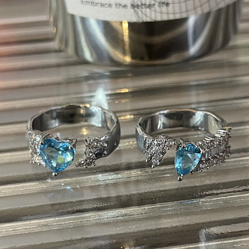 Blue Heart-shaped Zircon Water Drop Open Ring