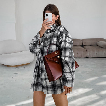Black And White Plaid Shirt Loose Bandage Dress Women's