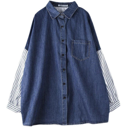 Lapel Patchwork Denim Striped All-matching Top