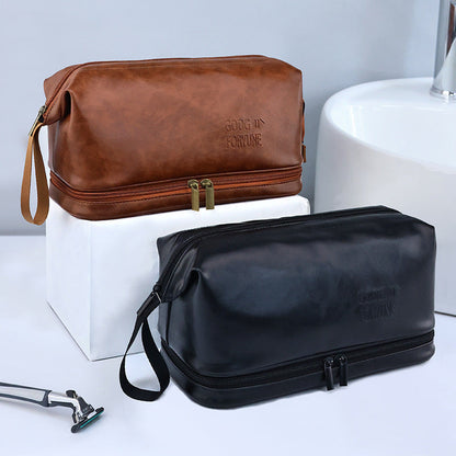 PU Men's British Style Double Layer Toiletry Bag