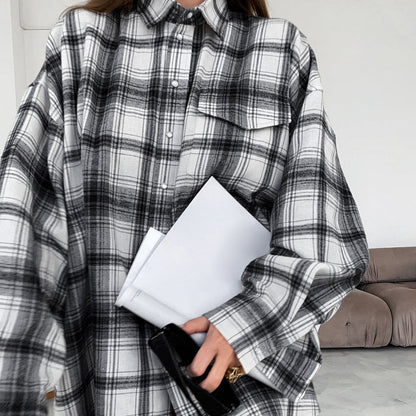 Black And White Plaid Shirt Loose Bandage Dress Women's