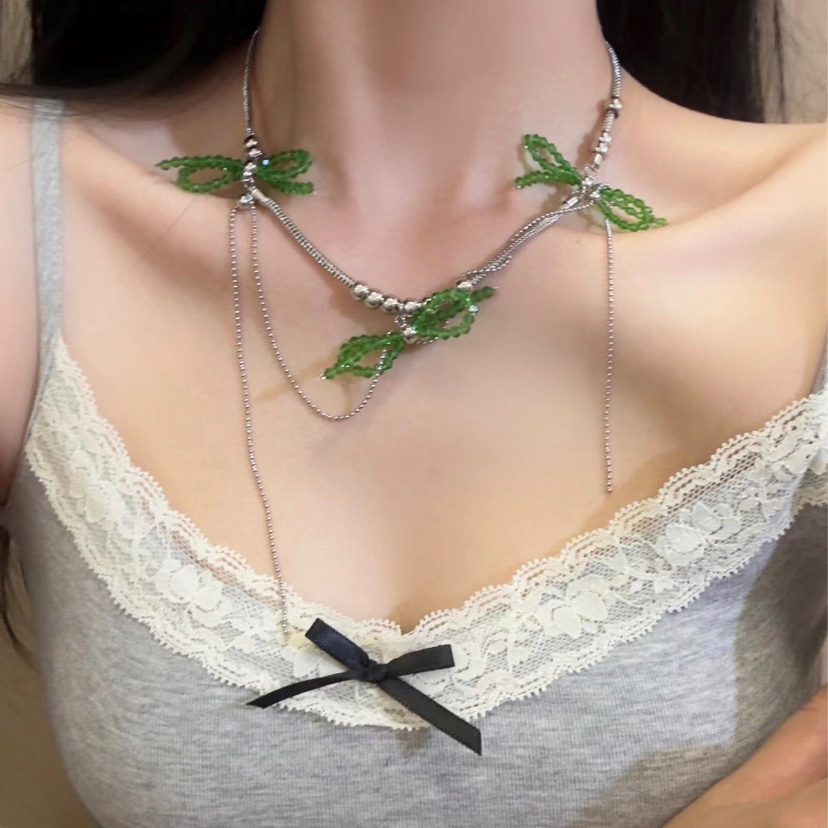 Green Colored Glaze Bow Multi-layer Tassel Necklace