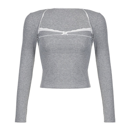Lace Bow Square Collar Long Sleeve T-shirt
