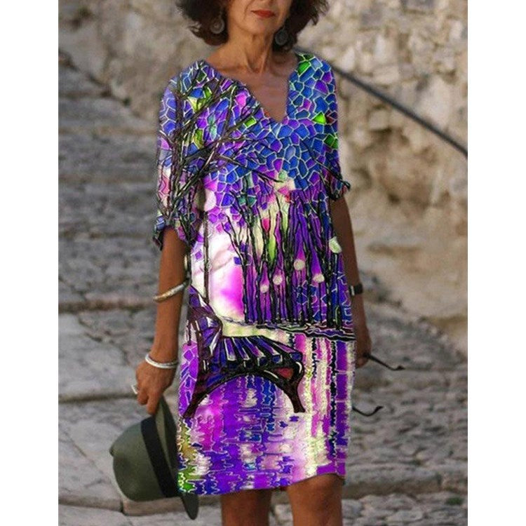Women's Printed Loose Bamboo Fiber Linen Floral Short Sleeves