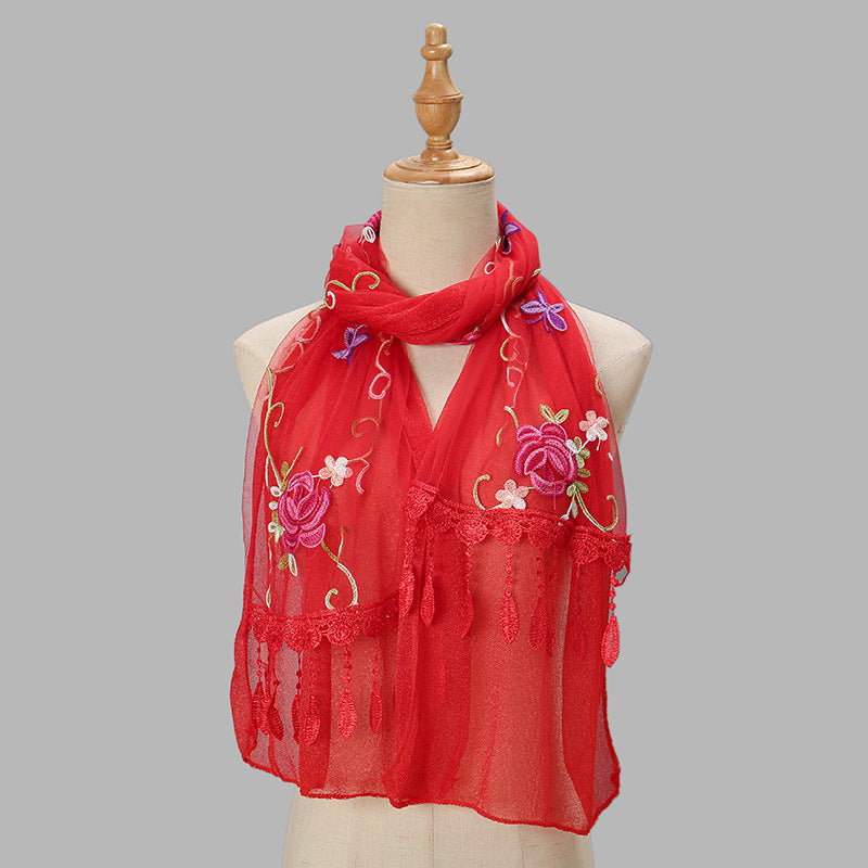 Double-layer Embroidery Flower Scarf Female Tassel
