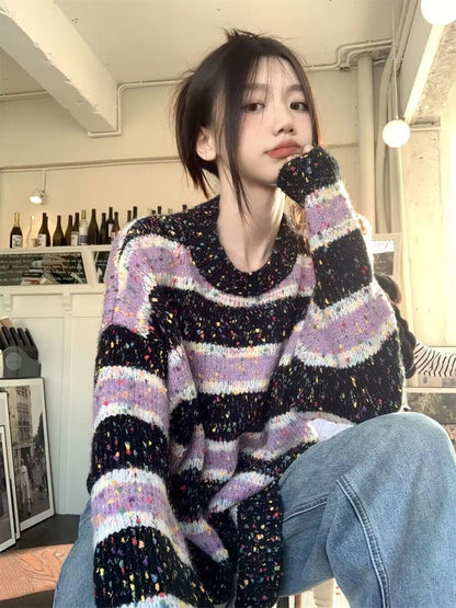 Retro Striped Round Neck Sweater
