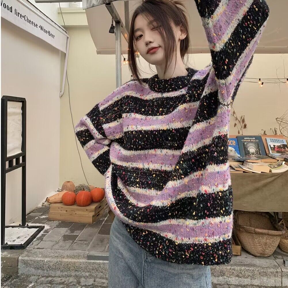 Retro Striped Round Neck Sweater