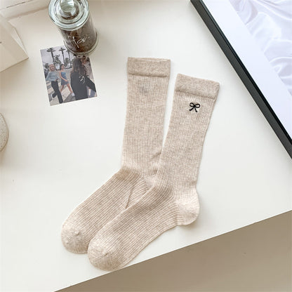 Bow Embroidery Hollow Thin Female Middle Tube Socks