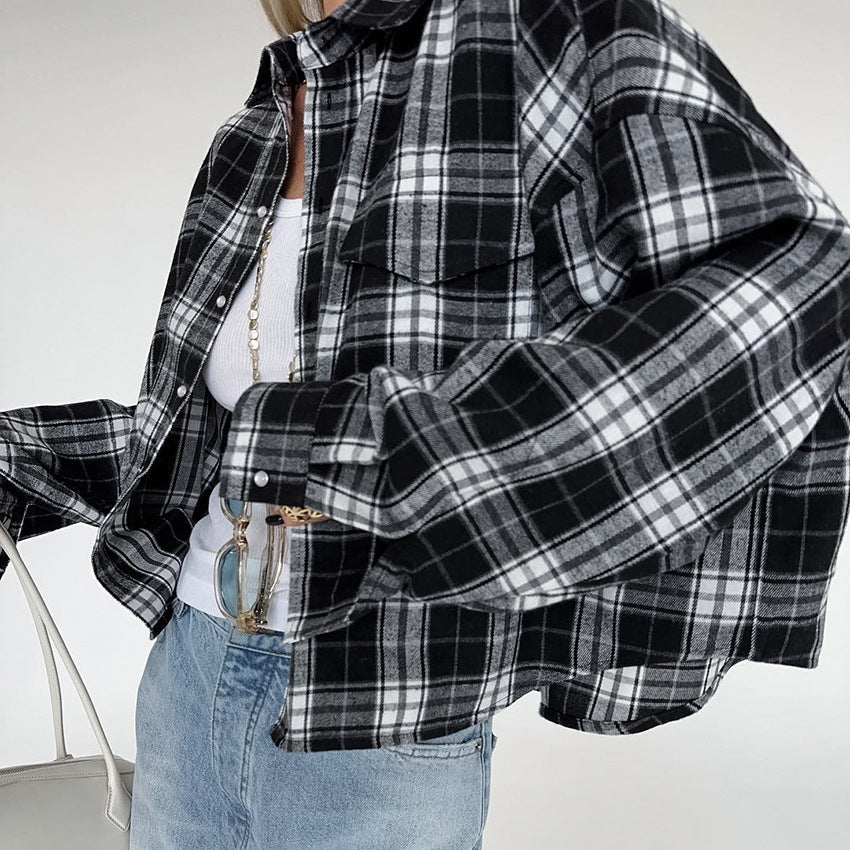 Black And White Lattice Pattern Shirt Loose-fitting Women's