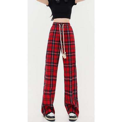 Women's Mop Drawstring Plaid Casual Pants