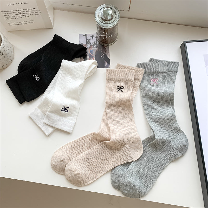 Bow Embroidery Hollow Thin Female Middle Tube Socks