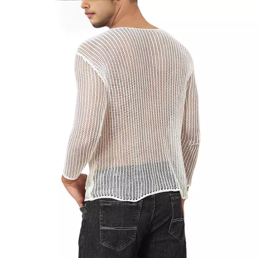 Men's Solid Color Transparent Thin Long-sleeved T-shirt Knitted Top