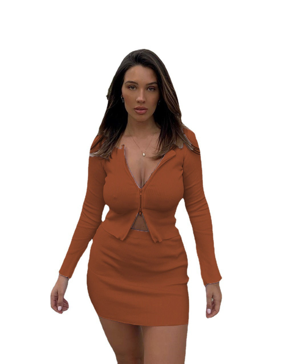 Double Zip Sunken Stripe Long Sleeve Top Skirt Set
