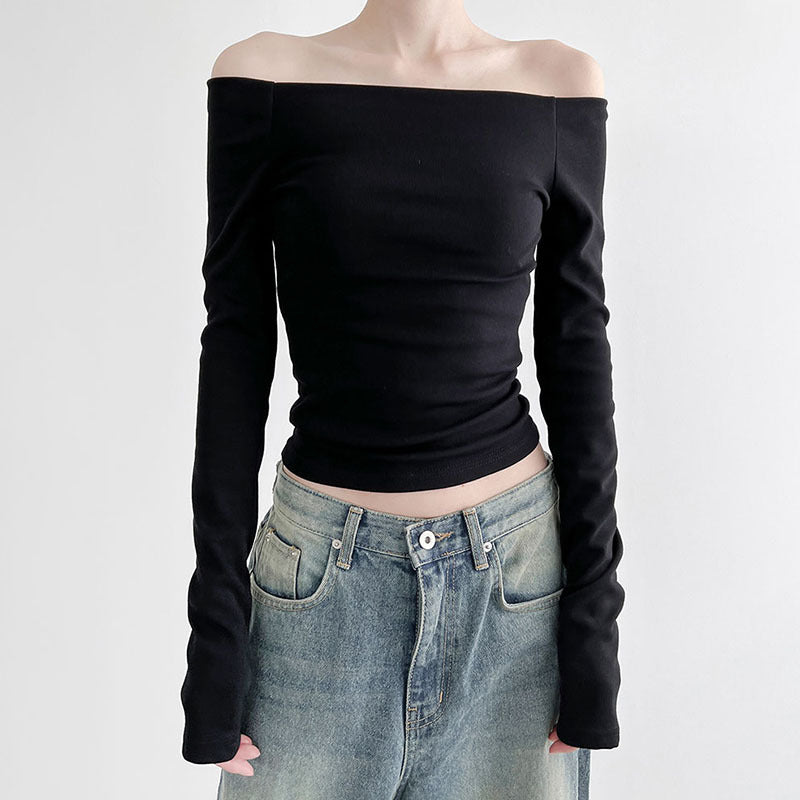 Ins Style Simple Solid Color Off-neck Shoulder-baring Bottoming T-shirt