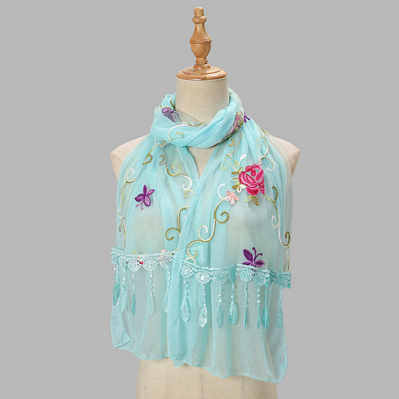 Double-layer Embroidery Flower Scarf Female Tassel