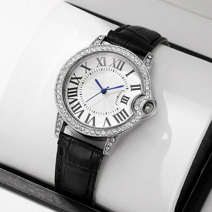 Fashion Diamond-Encrusted Women's Quartz Watch with Leather Strap