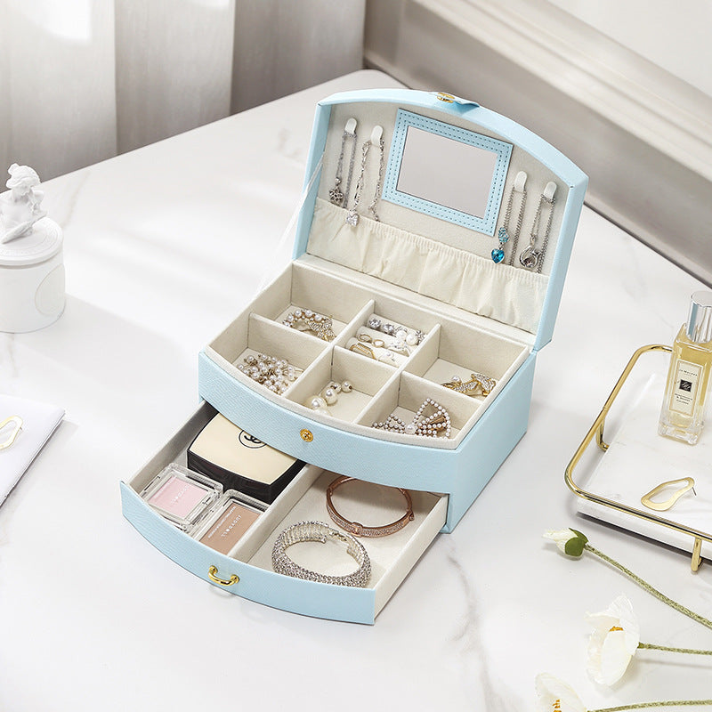 Double-layer portable makeup jewelry box with mirror