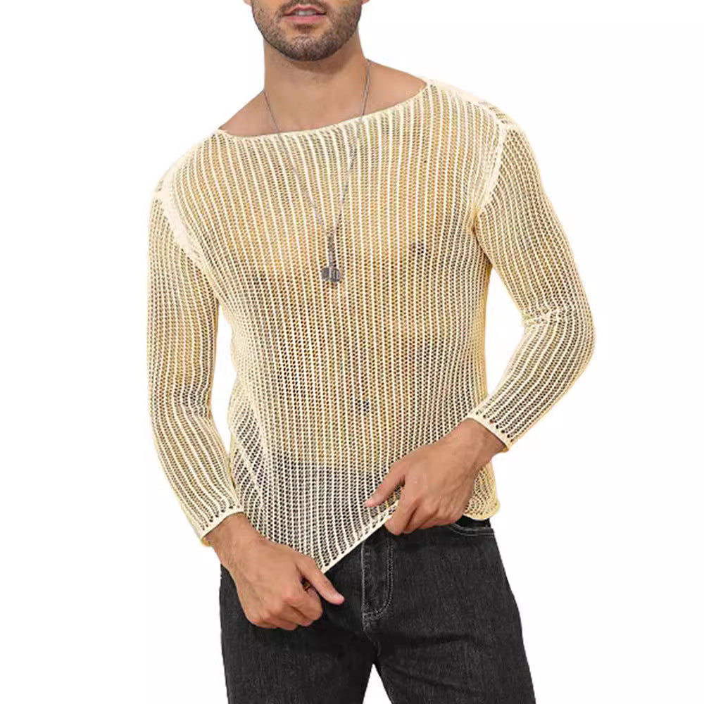 Men's Solid Color Transparent Thin Long-sleeved T-shirt Knitted Top