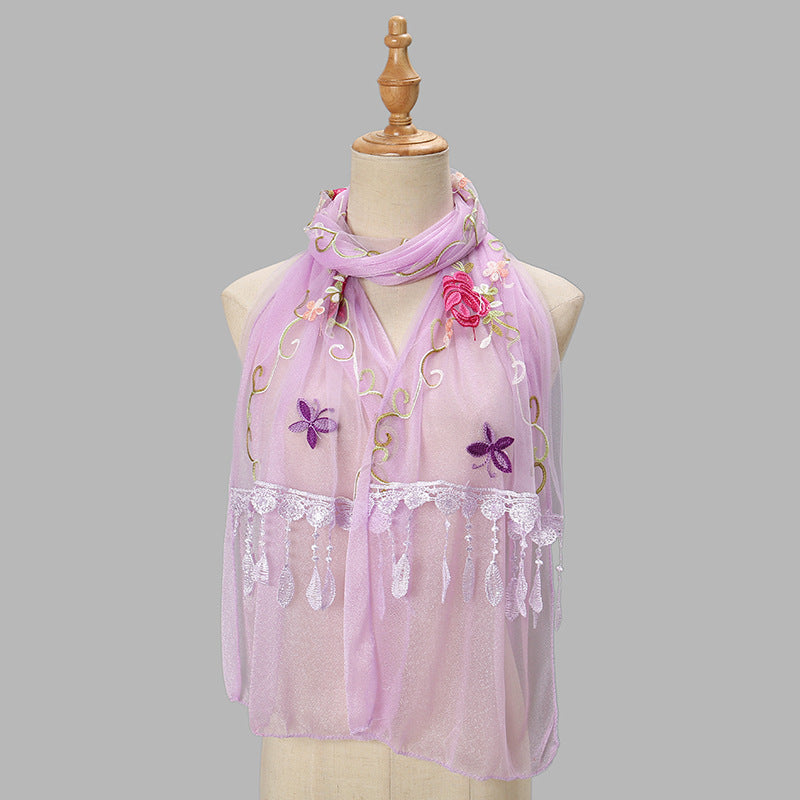 Double-layer Embroidery Flower Scarf Female Tassel