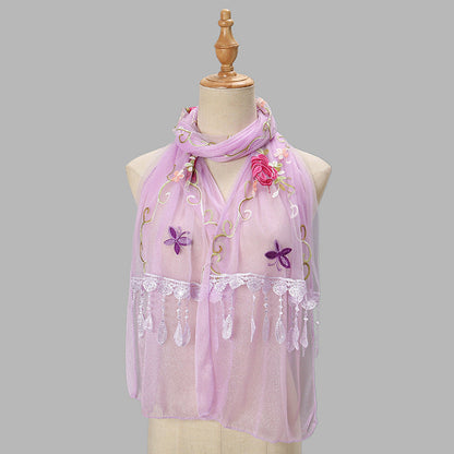 Double-layer Embroidery Flower Scarf Female Tassel